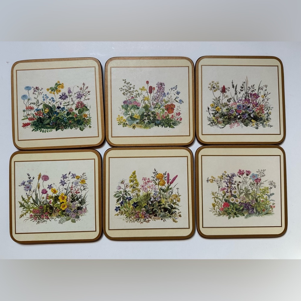 ✨5/$25 Vintage 60s MCM Pimpernel Lacquer Floral Coasters Cork Back
